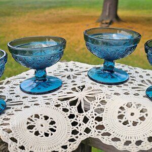 Bicentennial Colonial Blue glass sherbet dishes Tiara Indiana Glass 1970s set 4